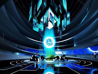 Futuristic Indoor Space With Blue Illuminated Sphere Geometric Structures And Circular Patterns 3d model