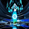 Futuristic Indoor Space With Blue Illuminated Sphere Geometric Structures And Circular Patterns