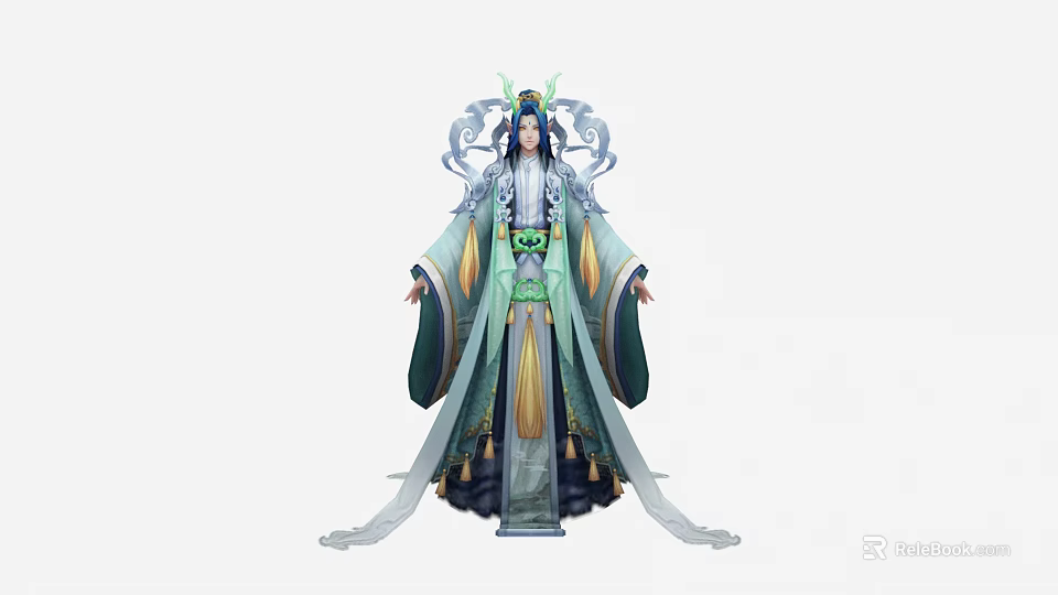 Elegant Ancient Character In Flowing Robes With Crane Motifs And Intricate Designs 3d model 