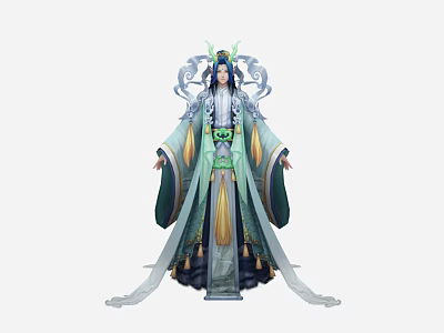 Elegant Ancient Character In Flowing Robes With Crane Motifs And Intricate Designs 3d model