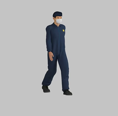 Man Wearing Blue Jumpsuit With Mask And Yellow Badge Standing Upright 3d model