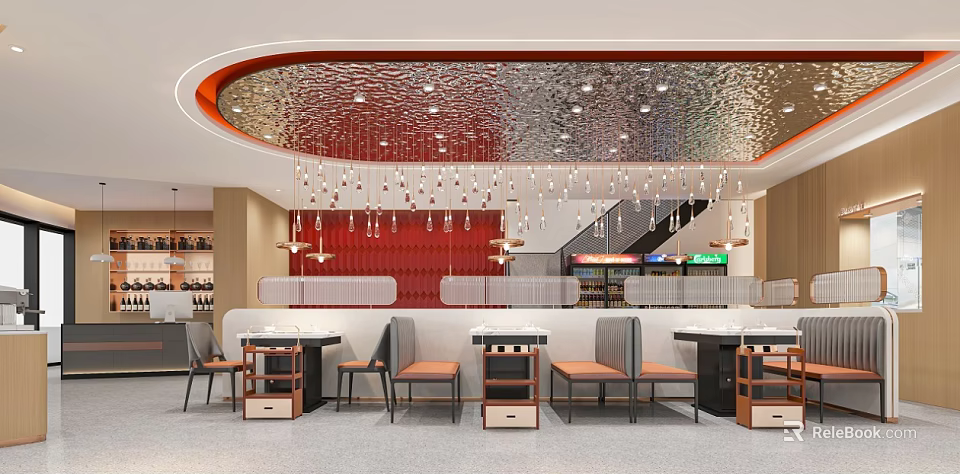 Modern Restaurant Interior Design With Curved Ceiling Chandeliers And Red Accent Wall 3d model 