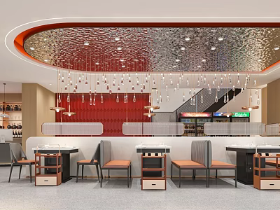 Modern Restaurant Interior Design With Curved Ceiling Chandeliers And Red Accent Wall 3d model
