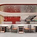 Modern Restaurant Interior Design With Curved Ceiling Chandeliers And Red Accent Wall