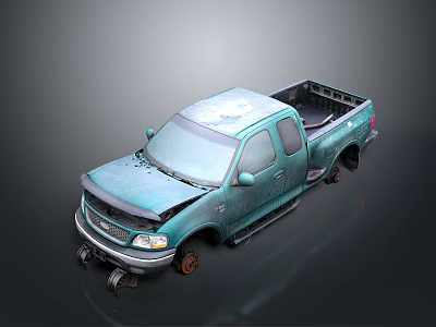 Worn Teal Two Door Pickup Truck With Damaged Front And Rusty Wheels 3d model
