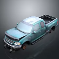 Worn Teal Two Door Pickup Truck With Damaged Front And Rusty Wheels