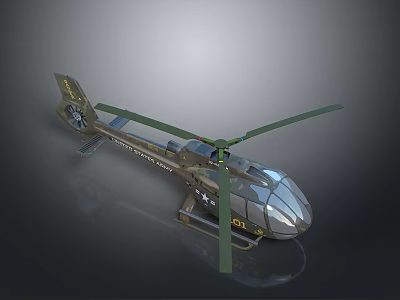 Green Military Helicopter Model Featuring Rotor Blades Transparent Windows And Star Insignia 3d model