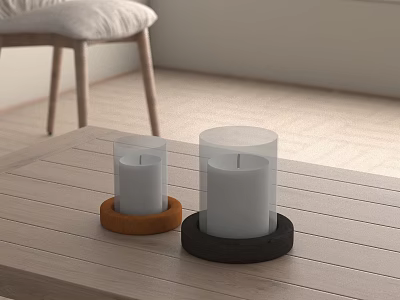 Decorative Ornament Set With White Candles Transparent Holders And Orange Black Bases On Wooden Table 3d model