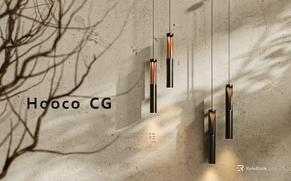 Modern Pendant Lights With Black And Copper Finish On Textured Concrete Wall With Branch Shadows 3d model 