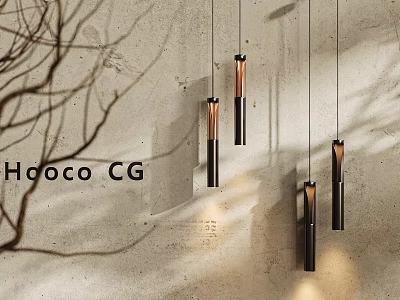 Modern Pendant Lights With Black And Copper Finish On Textured Concrete Wall With Branch Shadows 3d model