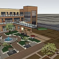 Modern Commercial Street With Glass Curtain Walls Trees And Plaza Area