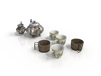 Traditional Tea Set With Silver Teapot Sugar Bowl Patterned Cups And Metal Mugs 3d model