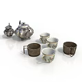 Traditional Tea Set With Silver Teapot Sugar Bowl Patterned Cups And Metal Mugs