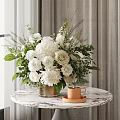 Fresh White Flowers In Golden Vase On Marble Table With Green Foliage And Curtain Background