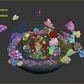 Cartoon Island Scenery with Blue Water Green Vegetation Black Portals House Clouds and Character