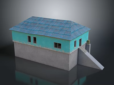Turquoise Wall Gray Base House Exterior With Blue Tile Roof Windows And Staircase 3d model