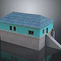 Turquoise Wall Gray Base House Exterior With Blue Tile Roof Windows And Staircase