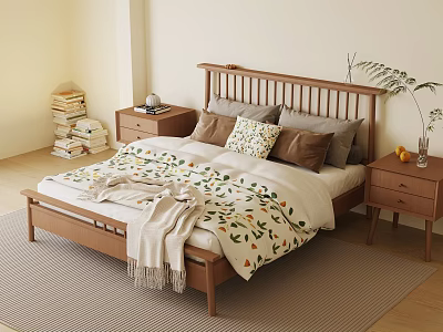 Cozy Bedroom Interior With Wooden Bed Floral Quilt Pillows Nightstands Stacked Books And Potted Plant 3d model