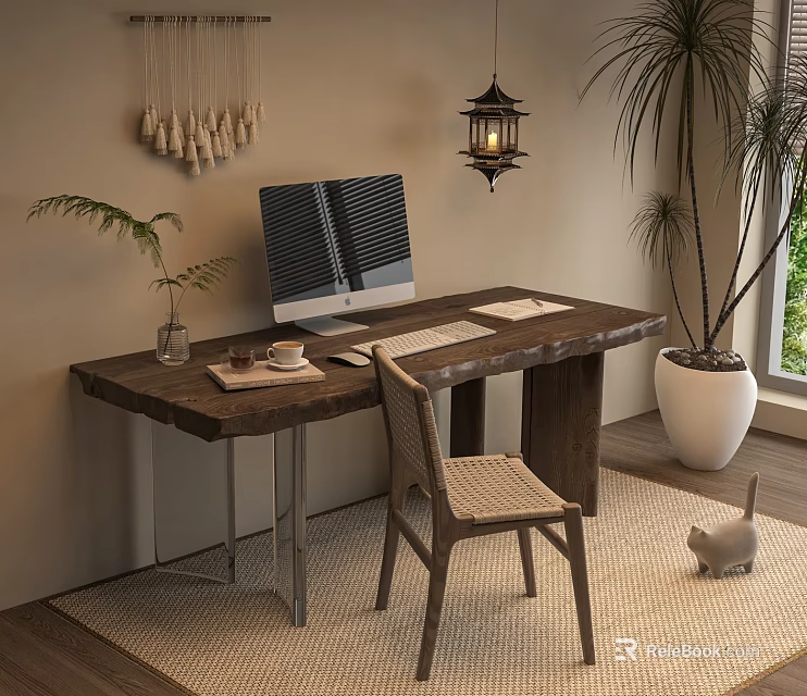 Cozy Wooden Desk Setup With Computer Coffee Cup Chair Plants And Hanging Lantern 3d model 
