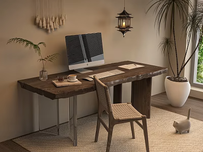 Cozy Wooden Desk Setup With Computer Coffee Cup Chair Plants And Hanging Lantern 3d model