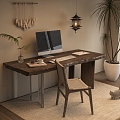 Quiet Solid Wood Large Board Table Writing Desk Rattan Chair 3d model