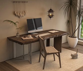 Quiet Solid Wood Large Board Table Writing Desk Rattan Chair 3d model