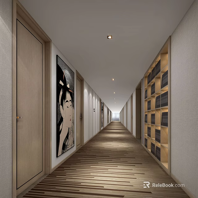 Hotel Corridor Interior With Wooden Flooring Large Artwork Built In Shelves And Ceiling Lights 3d model 