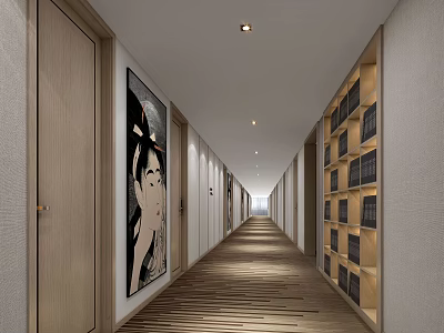 Hotel Corridor Interior With Wooden Flooring Large Artwork Built In Shelves And Ceiling Lights 3d model