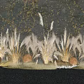 White Pampas Grass in Front of Vines Covered Wall with Round Lights on Gray Gravel