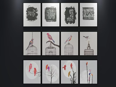 Colorful and Black White Animal Paintings with Birds Birdcages and Branches Wall 3d model