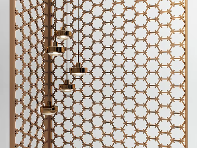 Four Gold Metallic Chandeliers With Simple Design And Golden Hexagonal Geometric Screen In Modern Interior 3d model