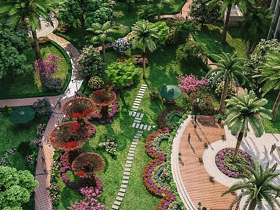 Lush Garden Landscape With Palm Trees Colorful Flowers Winding Stone Paths And Green Lawns 3d model