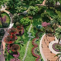 Lush Garden Landscape With Palm Trees Colorful Flowers Winding Stone Paths And Green Lawns