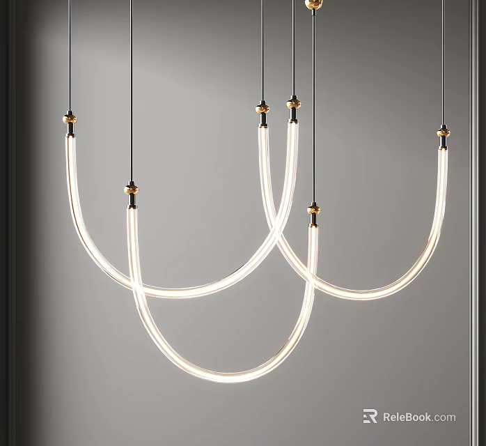 Modern Curved Chandelier With White Tubes And Golden Details Hanging In Minimalist Setting 3d model 