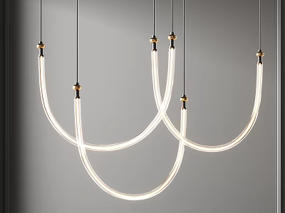 Modern Curved Chandelier With White Tubes And Golden Details Hanging In Minimalist Setting 3d model
