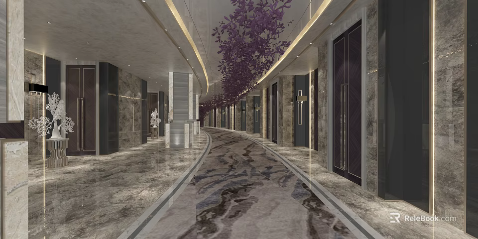 Hotel Corridor Modern Design With Marble Floor Hanging Purple Flowers And Golden Lighting 3d model 