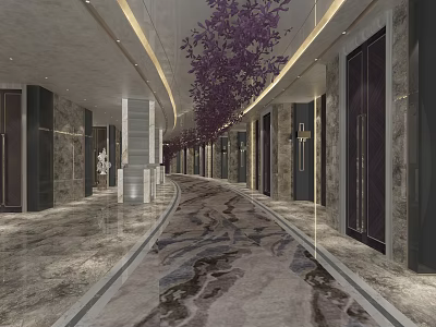 Hotel Corridor Modern Design With Marble Floor Hanging Purple Flowers And Golden Lighting 3d model
