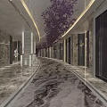Hotel Corridor Modern Design With Marble Floor Hanging Purple Flowers And Golden Lighting