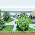 Kindergarten Outdoor Play Area with Orange Trees Green Leaves Sunlight Pathway and Colorful Toys