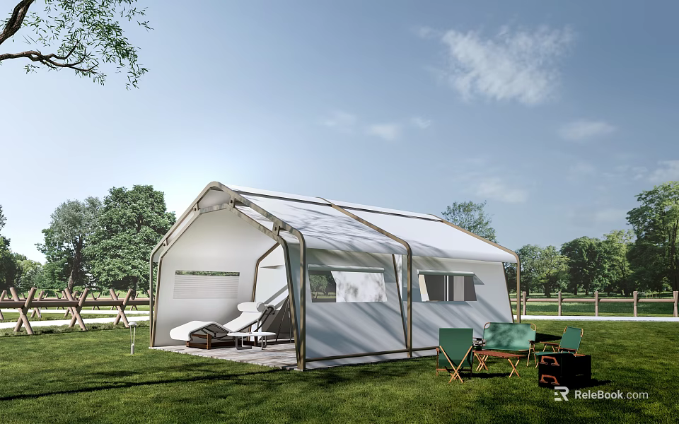 Camping White Tent on Green Grass with Trees Interior Sofa and Outdoor Chairs 3d model 