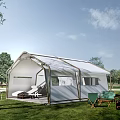 Camping White Tent on Green Grass with Trees Interior Sofa and Outdoor Chairs