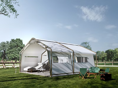 Camping White Tent on Green Grass with Trees Interior Sofa and Outdoor Chairs 3d model