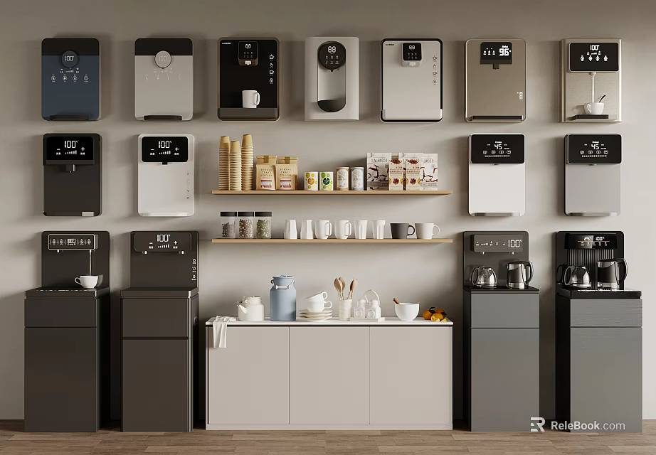 Various Coffee Machines And Kitchen Supplies Display On Wall Shelves 3d model 