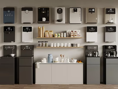 Various Coffee Machines And Kitchen Supplies Display On Wall Shelves 3d model