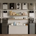 Various Coffee Machines And Kitchen Supplies Display On Wall Shelves