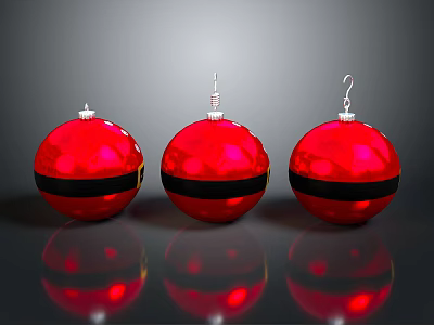 Red Christmas Ornaments With Black Stripes And Metallic Hooks On Gray Surface 3d model