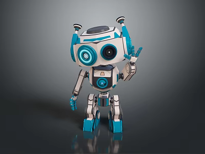 White And Blue Robot Character With Antennas Round Eyes And Waving Mechanical Arm 3d model