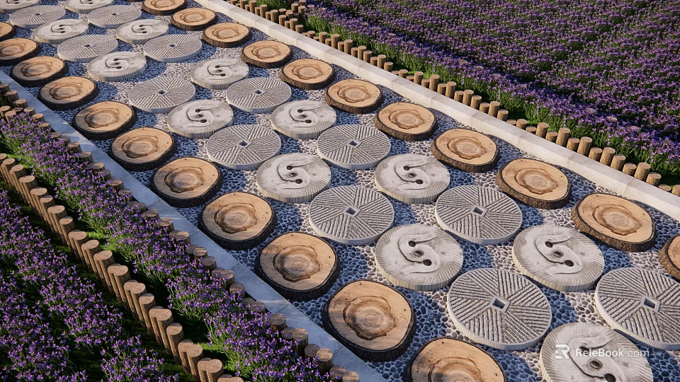 Decorative Stepping Stones Path With Circular Patterns And Lavender Plants 3d model 