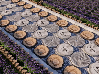 Decorative Stepping Stones Path With Circular Patterns And Lavender Plants 3d model