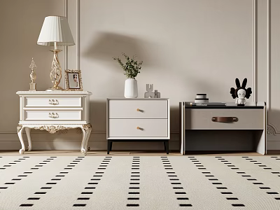 Three Stylish Bedside Tables with Carved Details Simple Drawers and Decorative Items 3d model
